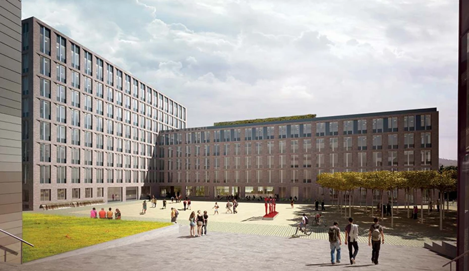 UJEP: Pohled na budovu CPTO a nově vzniklého univerzitního náměstí v kampusu od Multifunkčního centra a budovy rektorátu UJEP.