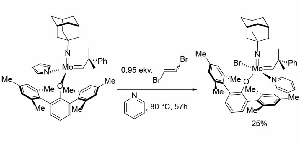 Nadace Experientia: Klíčovým experimentem, který vedl k identifikaci nového typu molybdenového katalyzátoru, byla reakce molybdenového komplexu typu MAP (MonoArylmonoPyrrolide, třetí generace Schrockových katalyzátorů) s 1,2-dibromethenem v pyridinu.