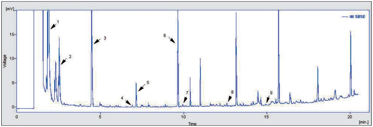 Obr. 4 Chromatogram piva po sorpční extrakci na míchací tyčince. 1 – octan isoamylnatý, 2 – kapronan ethylnatý, 3 – kaprylan ethylnatý,
4 – octan fenylnatý, 5 – kaprinan ethylnatý, 6 – octan fenylethylnatý, 7 – lauran ethylnatý, 8 – myristan ethylnatý, 9 – palmitan ethylnatý