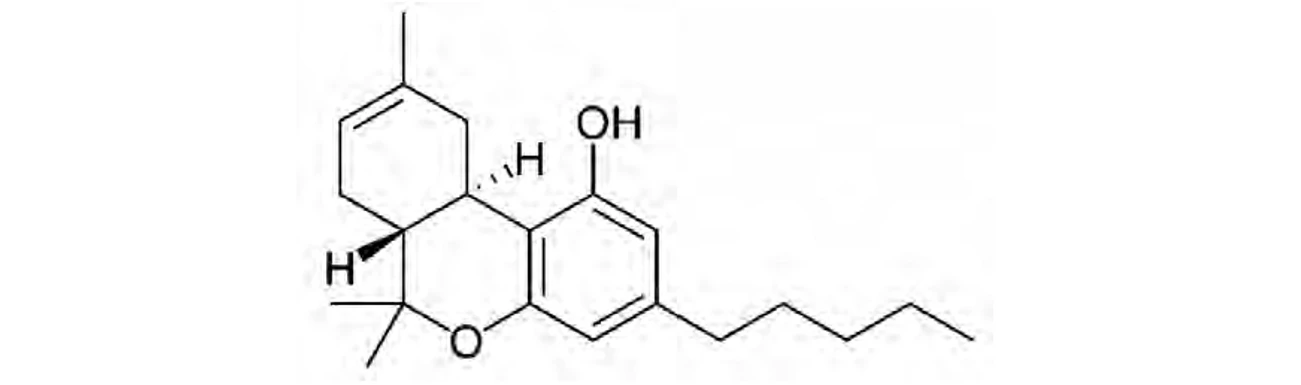 PČR: Δ9-trans-tetrahydrokanabinol (THC) – byl objeven v roce 1964 Gaonim a Mechoulamem, jedná se o psychoaktivní kanabinoid (10), rozpustnost ve vodě je 2,8 mg/l při 298,15 K (14)