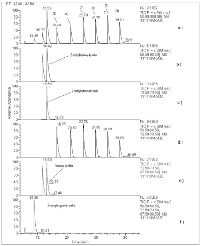 Obr. 2 Chromatogram nižších mastných kyselin a jejich C4 a C5 isomerů
(GC-MS)
