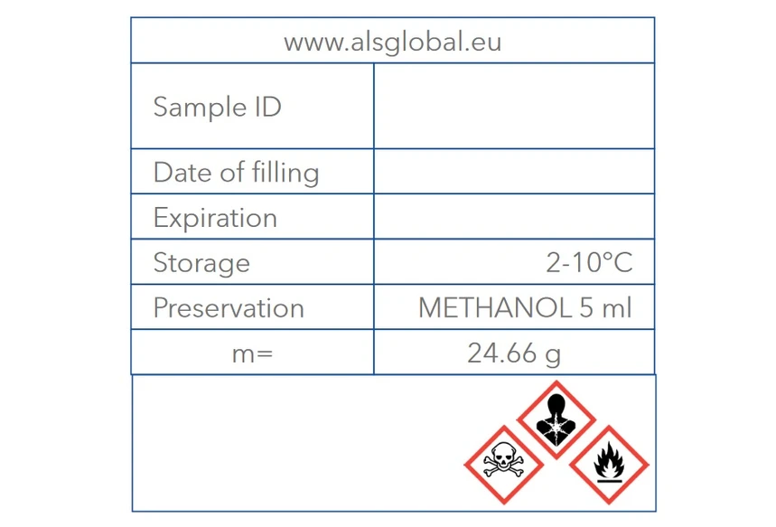 ALS Czech Republic: Štítek na vzorkovnici (Optimální technika vzorkování půd pro analýzu TOL)