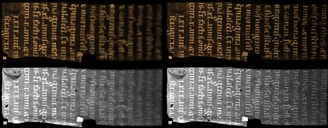 Bruker: Fig. 1 Fragment with iron gall ink writing misaligned to the focal plane of the XRF measurement. Using the patented Aperture Management System (AMS), even misaligned writings, for example from a book page, can be mapped in a legible degree.