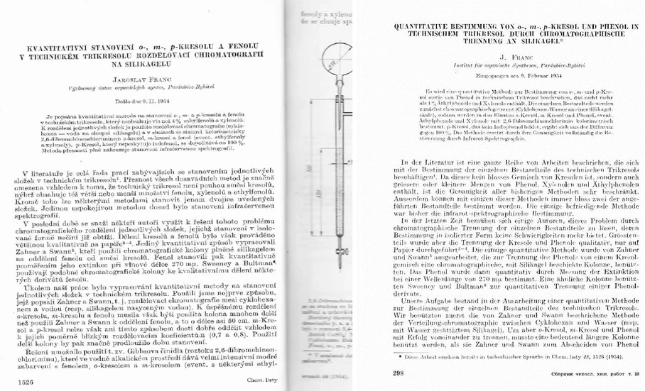 ČSHS: Obr. 4: První odborná publikace Jaroslava France - Kvantitativní hodnocení o‐, m‐, p‐kresolu a fenou v technickém trikresolu rozdělovací chromatografií na silikagelu. Na obrázku české a německé znění publikace, v českém znění je v pravé části také náčrt separační aparatury pro chromatografii (2).