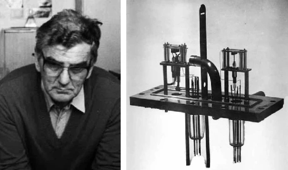 ČSHS: Obrázek 6: Dr. Zdeněk Dolejšek a výsledek jeho diplomové práce – malý hmotnostní spektrometr Dempsterova typu