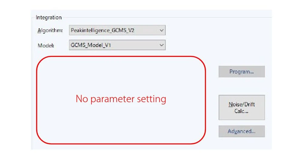 Shimadzu: Obr. 5 Okno nastavení parametrů v aplikaci Peakintelligence pro GCMS. Peakintelligence for GCMS neslouží k učení způsobu integrace