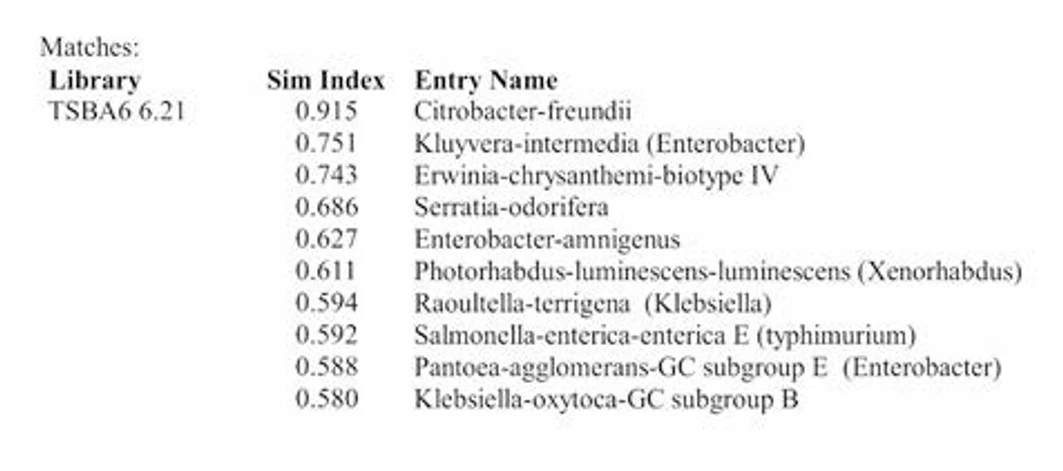 HPST: Obrázek 2 - Identifikační výstup systému Sherlock poskytující více možných identifikací. Vzhledem k vysokému SI Citrobacter freundii a rozdílu první a druhé nabízené identifikace (0,164) je možné považovat identifikaci kmene jako C.freundii za spolehlivou.