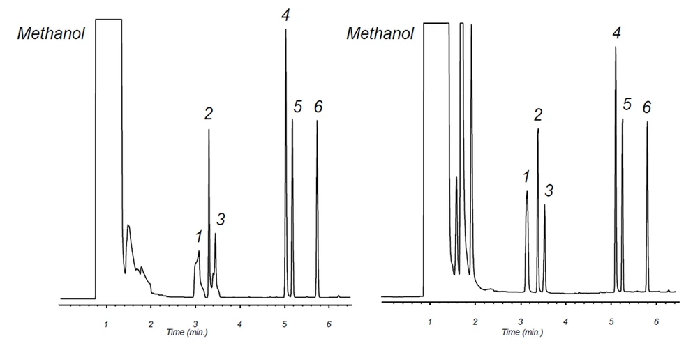 HPST: Chromatogram vlevo znázorňuje separaci na GC systému bez zapojení předkolony/retenčního gapu. Chromatograf vpravo znázorňuje ten samý nástřik do systému se zařazenou předkolonou. U analytů 1,2 a 3 lze vpravo pozorovat výrazné zlepšení rozlišení a tvaru píků vlivem předkolony.