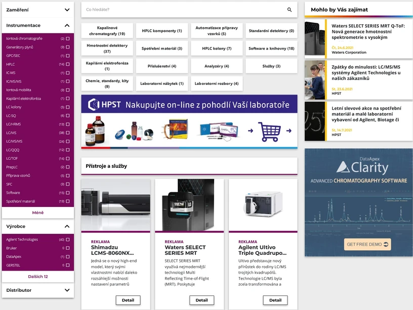 LabRulez: Sekce Produkty s přehledem přístrojů, spotřebního materiálu nebo služeb a možností vyhledávání a filtrování