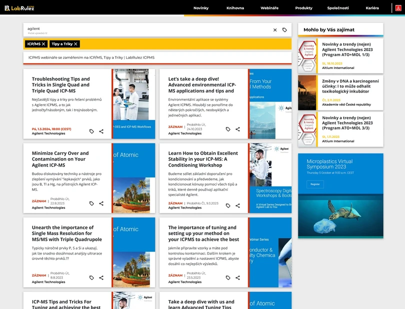 LabRulez: Výsledky hledání v databázi LabRulez pro webináře Agilent Technologies zaměřené na Tipy a Triky v oblasti ICP/MS