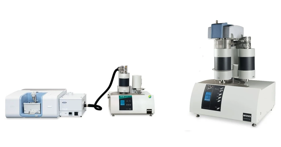 Optik Instruments s.r.o.: Obrázek 1: NETZSCH PERSEUS® STA 449 F1 se stolním FTIR spektrometrem INVENIO (nalevo) a přenosným FTIR spektrometrem ALPHA II (vpravo).