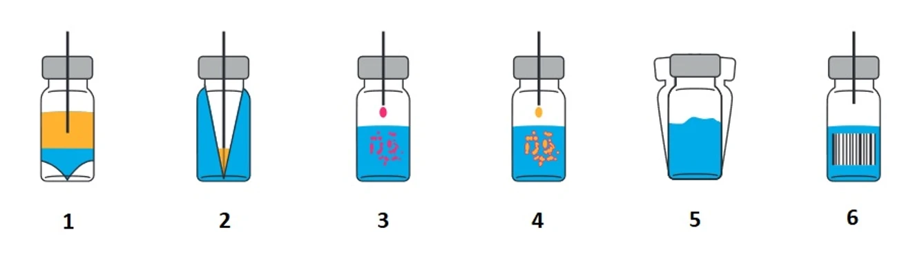 Revue CO - Rôzne typy vialiek: 1. extrakčná vialka systém kvapalina/kvapalina, 2. vialka pre dávkovanie pre maloobjemové vzorky, 3. reakčná a tiež aj štandartná vialka, 4. vialka slúžiaca pre rozpúšťanie alikvotného množstva vzorky v rozpúšťadle, 5. vialka, ktorú je možné ohrievať, napr. pre uskutočnenie reakcie za tepla, 6. vialka označená čiarovým kódom