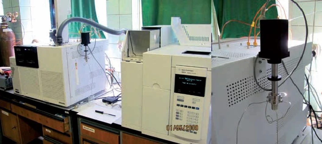 Revue CO: Zostava GCMS s headspace programovateľnou jednotkou s dávkovačom v zostave KCHL CO v Jasove a Nitre. (vľavo) Elektricky ovládaný plynový ventil so slučkou pripevnený na bočnej strane chromatografu (vpravo)