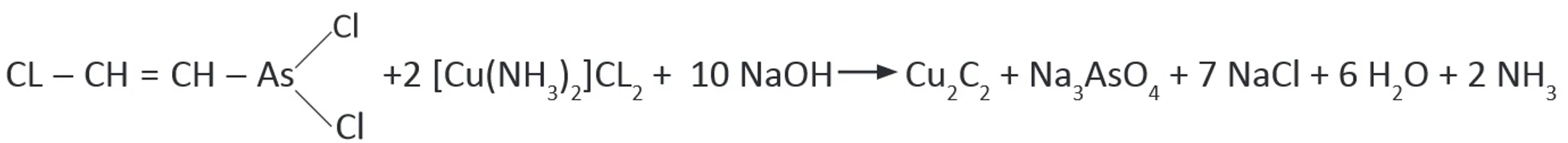 Revue civilnej ochrany: Rozklad lewisitu na acetylid medi (CuC₂) prebieha nasledovne