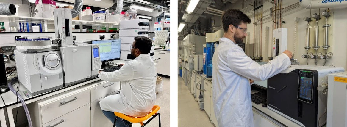 SHIMADZU: Obrázek 5: Sachin Solomon (spolupracovník pro výměnu znalostí) používá systém GCMS-QP2010 SE s autoinjektorem AOC-20i k provedení analýzy GC-MS pyrolýzních biokapalin (vlevo). Dr. Christopher Thomas (spolupracovník Knowledge Exchange) při práci se systémem EBRI „simulovaná destilace“, který se skládá z přístroje Nexis GC-2030 se softwarem SimDist (vpravo).