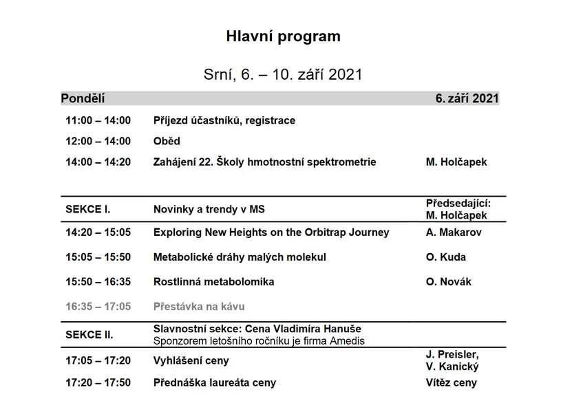 Program 22. Školy hmotnostní spektrometrie 2021