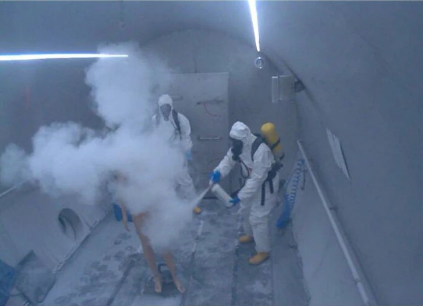 SÚJCHBO: Obrázek 3 - Nanášení reaktivního sorbentu Fast-Act na zkontaminovaného manekýna