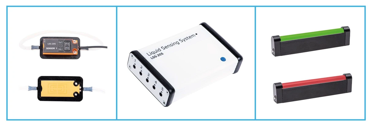 Watrex: Ukázka komponent LSS-205. Zleva: hladinový senzor, centrální jednotka a semafor pro optickou signalizaci.