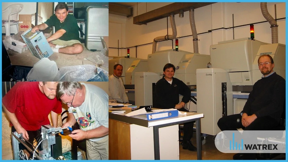 Watrex: Obr. 8: Momenty z příprav pro demonstraci robotického systému Caddy™ v kalifornské centrále společnosti Amersham. Vlevo nahoře Marek Minárik, vlevo dole Milan Minárik a Roman Kysilka, vpravo Michal Náhunek, Marek Minárik a Roman Kysilka u nainstalovaných systémů Caddy™ v genomovém centru při Univerzitě v Braunschweigu v Německu.