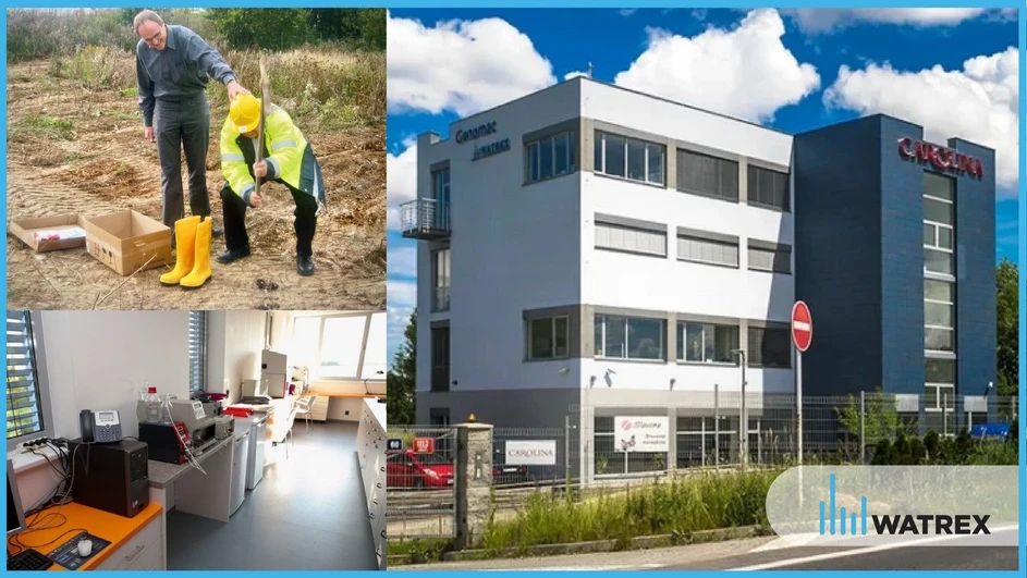 Watrex: Obr. 9: Vlevo nahoře Milan Minárik a Michal Náhunek při slavnostní inauguraci položení základního kamene nového sídla společnosti Watrex, budovy Carolina Centrum. Vlevo dole – nová HPLC laboratoř v nové budově. Hotová nová budova a nynější sídlo Watrex Praha.