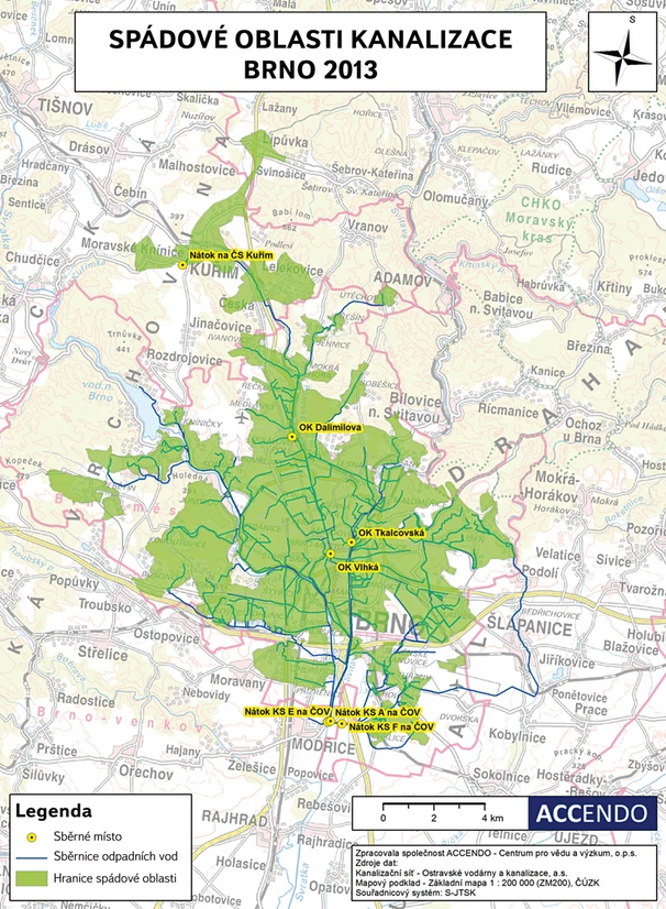 VTEI: Obr. 2. Spádové oblasti a odběrová místa na kanalizační síti města Brno